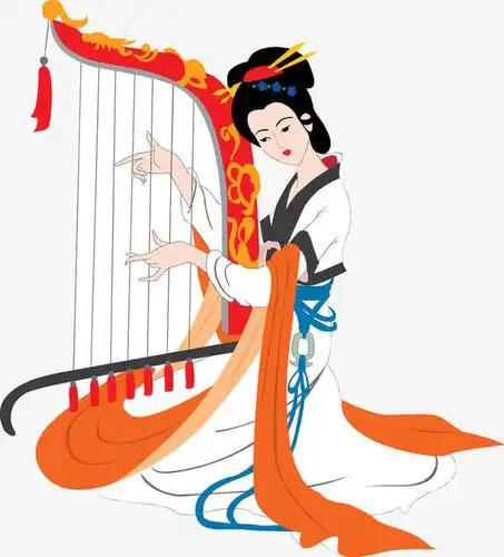 手绘复古女人弹琴免抠图