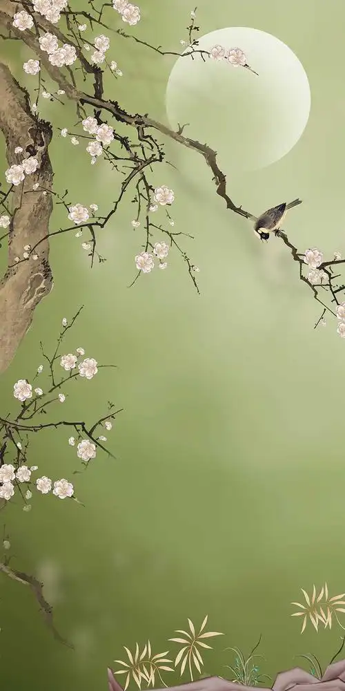 xt92242中式玄关花鸟白梅花枝月亮假山
