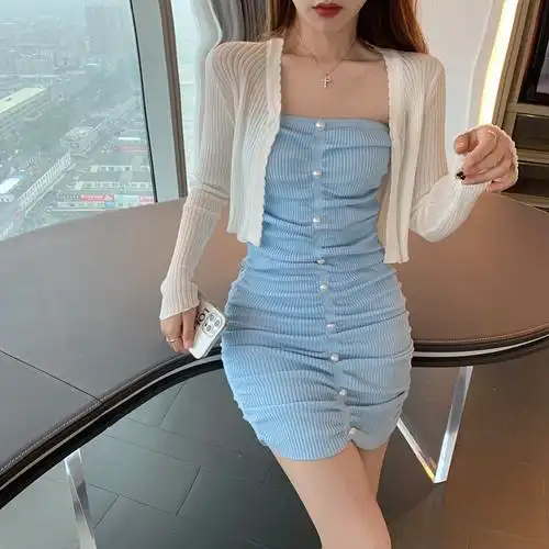 套装 针织抹胸连衣裙女夏季修身裹胸新款气质收腰显瘦包臀短裙