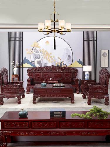 中式实木沙发组合仿古红木家具客厅整套雕花老式明清古典柏木别墅