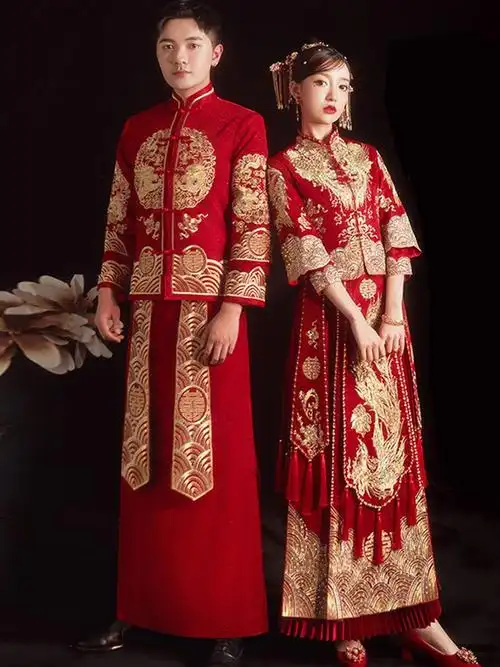 秀禾服情侣套装结婚大码新娘胖mm夏季薄款显瘦出阁服中式婚纱礼服