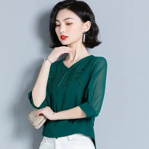 中袖上衣女七分袖时尚洋气雪纺