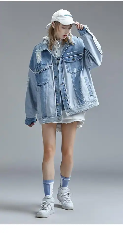 夹克 女士 潮牌 破洞 牛仔 外套 女 中长款 2020新款 嘻哈 正反 拼接