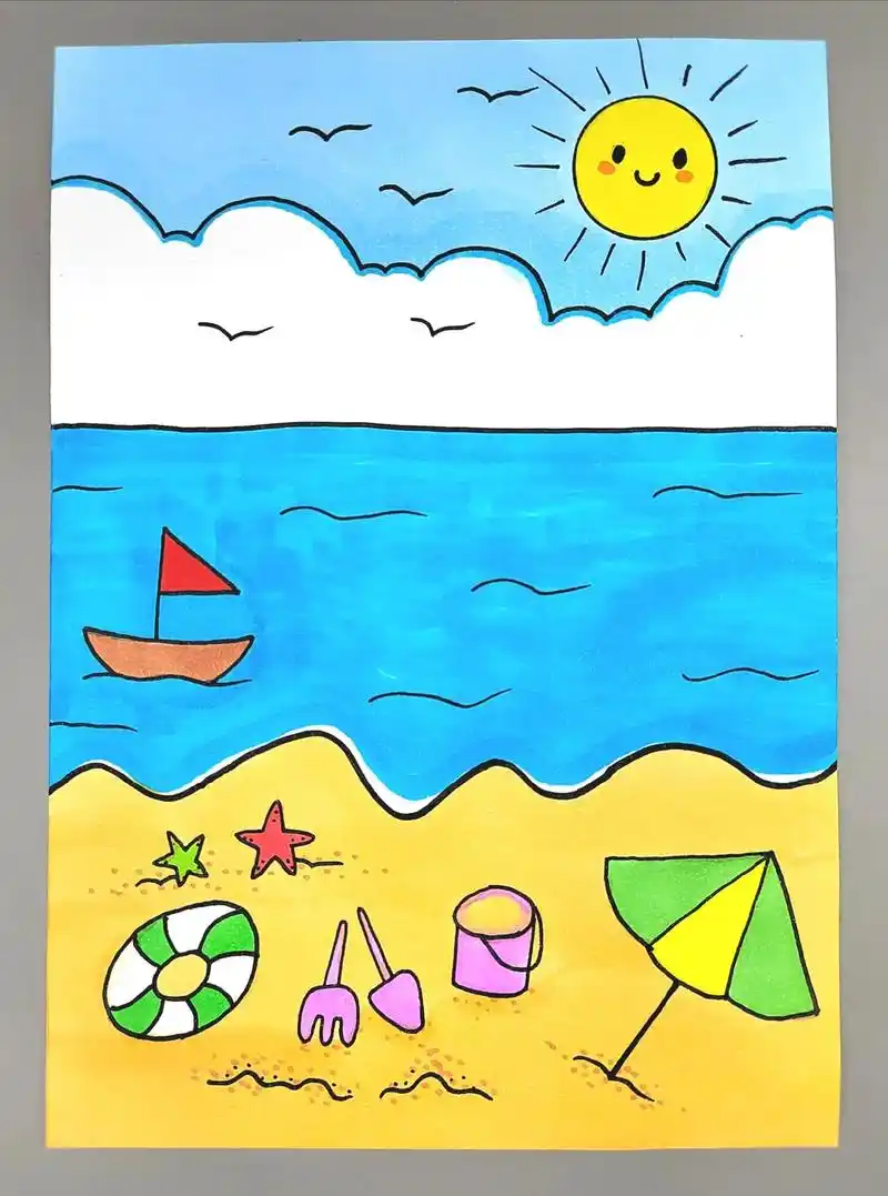 夏天主题画——去沙滩玩耍,简单好看,快来试试吧#图文伙伴计划 - 抖音