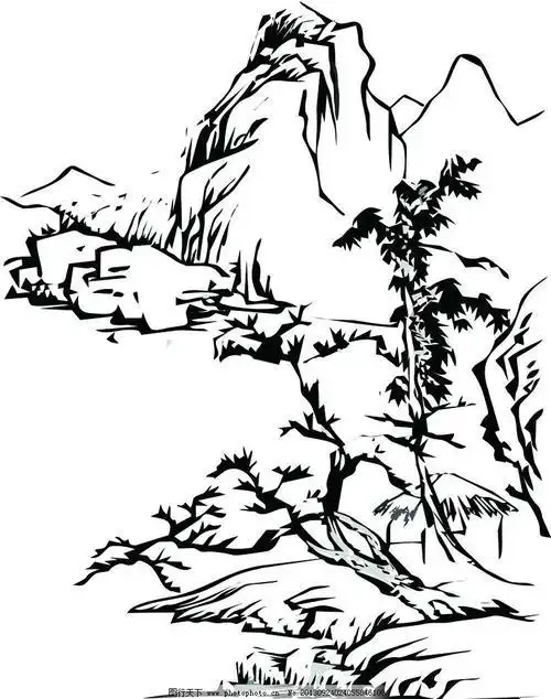 手绘山水风景黑白