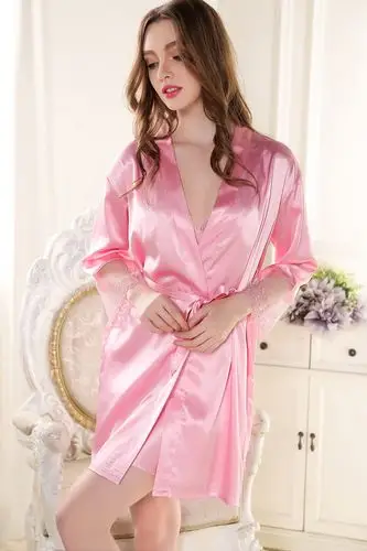 上海故事两件套仿真丝睡裙 性感蕾丝透明睡袍 女丝绸九分袖吊带裙