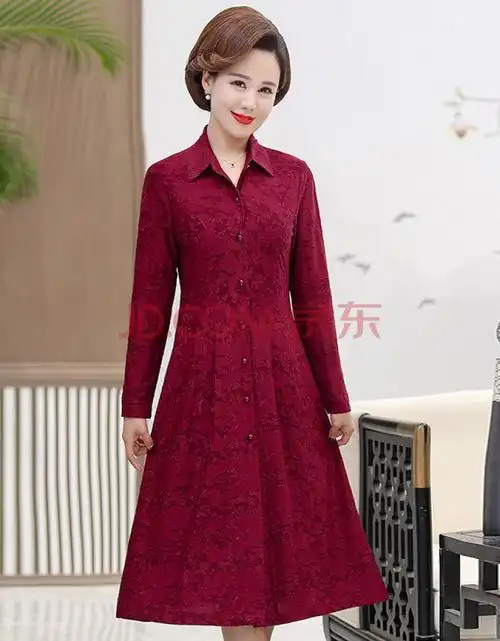 妈妈春秋polo领连衣裙新款40岁中年洋气打底裙中老年女装大码裙子