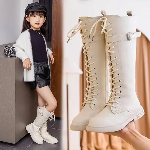 女孩长筒靴马丁靴女童靴子秋冬季时尚网红白色公主皮靴儿童高筒靴