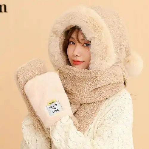 帽子女秋冬季可爱冬天毛绒围巾一体护耳保暖加厚手套三件套秋冬天