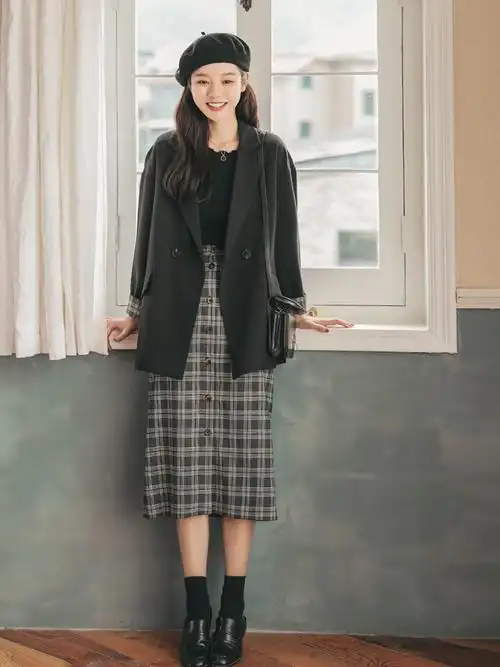 西装套装女韩版休闲小西服2019秋装两件套单排扣格子半身裙子