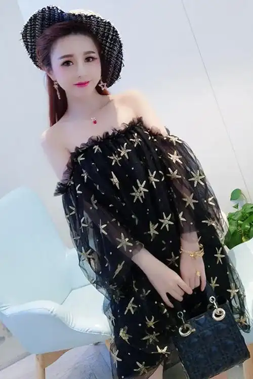 夏季韩版时尚性感一字领抹胸连衣裙女装宽松显瘦星星网纱蓬蓬裙子