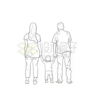 手牵手的一家三口背影手绘线条插画1037655免抠图片素材