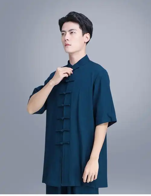 服男士夏季短袖武术服练功服中老年棉麻太极拳服装表演服藏青色xxxl