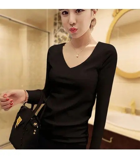 v领秋衣女_纯棉黑色打底衫女长袖低领秋冬t恤修身百搭小衫v领秋衣紧身