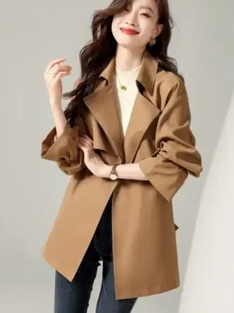 拉夏贝尔风衣外套女2023年春秋新款复古时尚气质优雅系带收腰显瘦短款