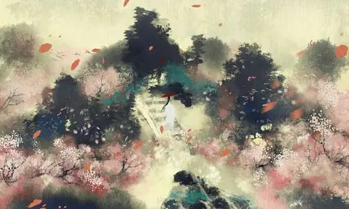 古风 梦幻 插画 背影 梦境 花瓣 春天 白衣女子 油纸伞