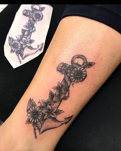 广小姐小腿太阳花船锚纹身图案