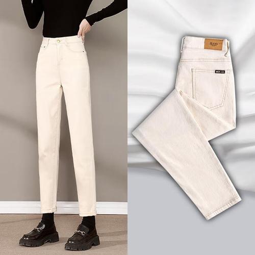 配裤子女哈伦牛仔裤女高腰显瘦春秋季加绒加厚米白色直筒宽松萝卜老爹