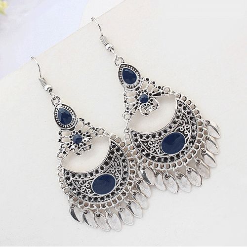 唯美古韵高档古银时尚月牙耳环 民族风滴釉长款流苏耳坠女耳配饰