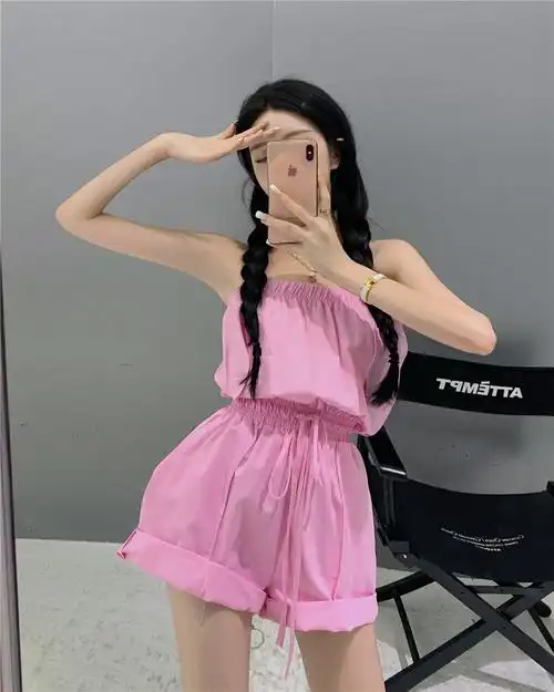 实拍 实价 一字领抹胸连体短裤套装