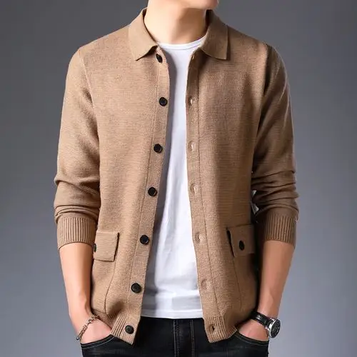 包邮 春季新款纯羊毛男士针织开衫休闲翻领纽扣羊绒衫潮男装外套上衣
