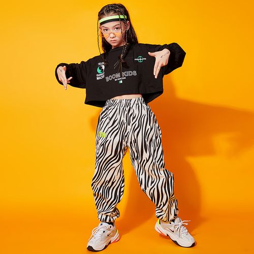 女童jazz爵士舞演出服女孩露脐长袖长裤嘻哈hiphop街舞套装练功服