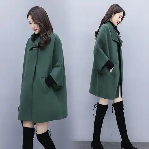 新款时尚羊毛呢上衣服斗篷毛呢外套中长款韩式呢子大衣女2021冬装