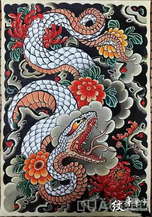 日式纹身手稿老传统版雾刹车印满背花臂花腿包臂素材