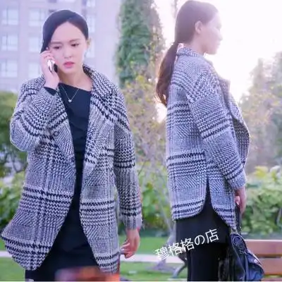 克拉恋人唐嫣米朵同款千鸟格子大衣茧型大码羊绒毛呢外套秋冬女新