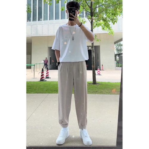 白色短袖t恤夏季套装男帅气港风坠感冰丝裤简约潮流穿搭一套搭配白色