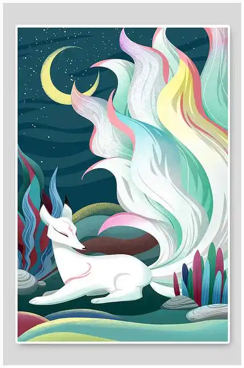 月光九尾狐时尚绿色中国风神话插画