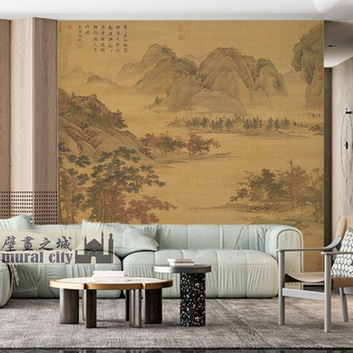 复古山水古画墙布中式古风意境国画壁纸宋画山林墙纸客厅书房背景