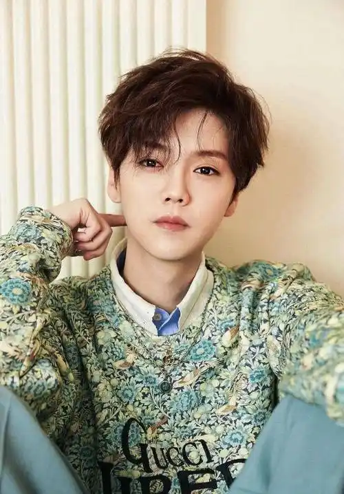 中分的微卷发型有一点复古的味道,身穿一件黑色星星外套的鹿晗,内搭