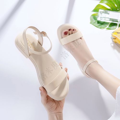 一字带平底粗跟凉鞋女2023年新款大学生仙女风外穿百搭软底鞋子女