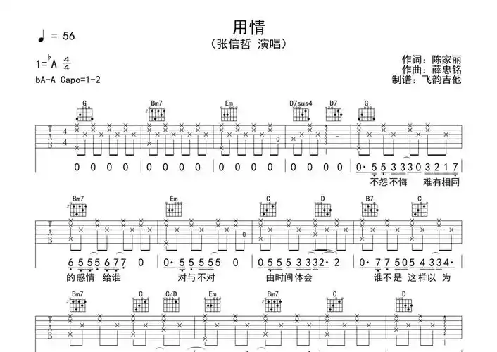 张信哲《用情》吉他谱 - g调弹唱六线谱 - 琴魂网