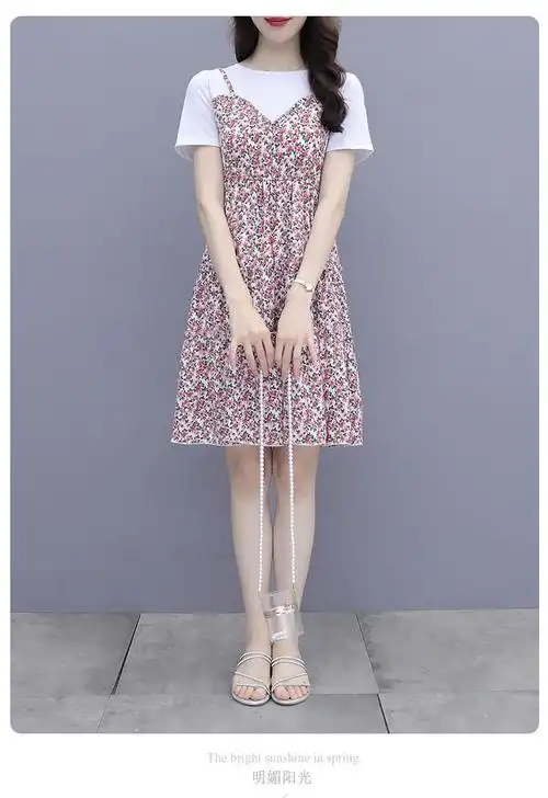 碎花连衣裙女装夏季2021新款今年流行气质小个子假两件套裙子 - 17网
