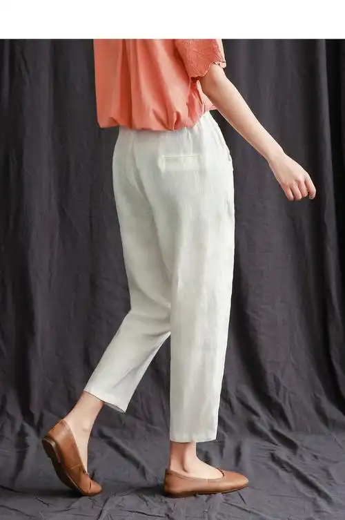 夏天亚麻裤子女士薄款七分裤2020新款夏装宽松高腰松紧休闲哈伦裤