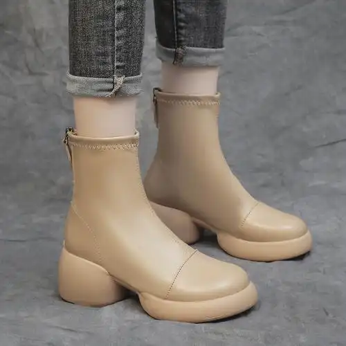 2024年冬季新款中跟厚底皮靴马丁靴女靴短靴短筒英伦后拉链女鞋子