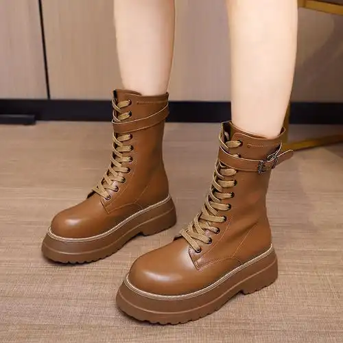厚底马丁靴咖色短靴女显腿长瘦瘦靴子2022女靴秋新款英伦风机车靴