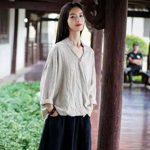 麻布女装中国风禅意茶艺服装棉麻盘扣上衣中式传统文化佛系衣服女