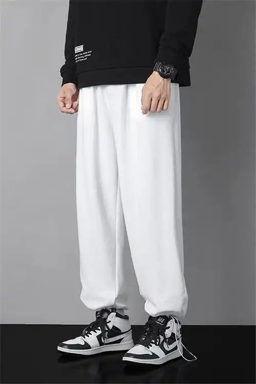 裤子男春秋韩版潮流束脚九分卫裤薄款宽松白色运动裤男士休闲长裤