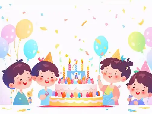 儿童绘本风格的可爱孩子在生日蛋糕前过生日