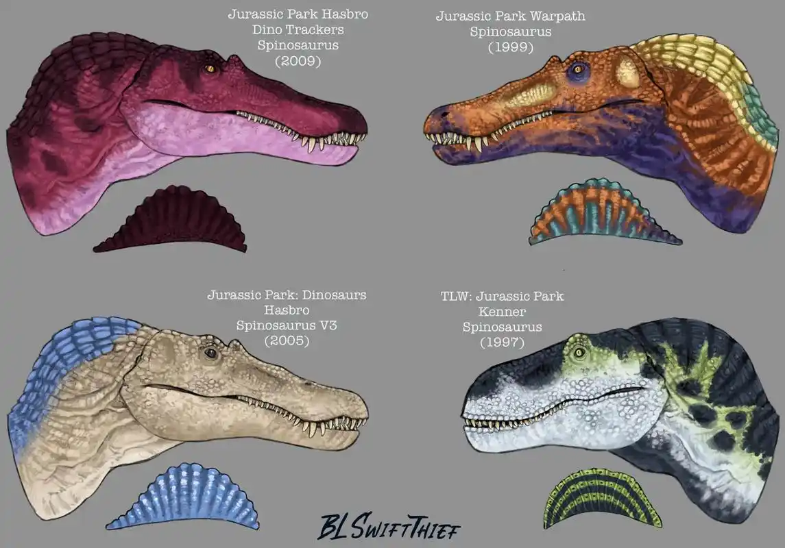 1997年~2021年玩具电影动画登场过的侏罗纪系列棘龙头部