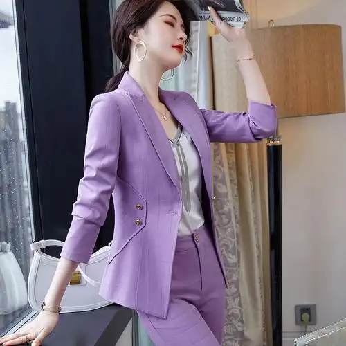 紫色西装外套2020秋装韩版职业套装时尚气质休闲西装
