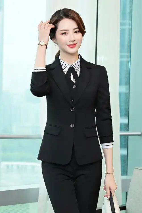 实拍 现货2019时尚女秋冬西服ol职业装仿毛料两件套