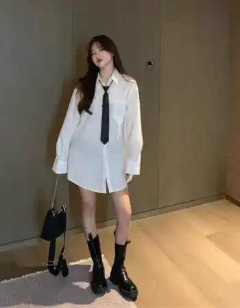 衬衫女设计感小众白色长袖中长款宽松衬衣洋气秋季百搭休闲上衣潮白色