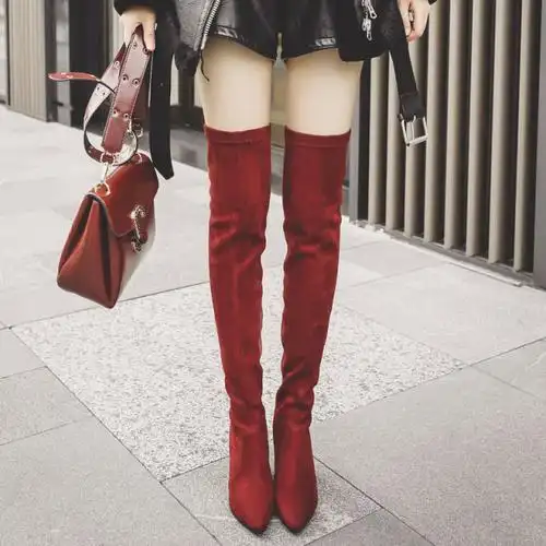 【侧拉链】尖头真皮瘦腿弹力过膝靴05050高跟粗跟长筒靴长靴女靴这款