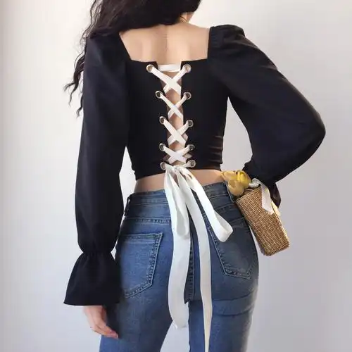 赛赛尔法式复古宫廷风后背绑带设计感短款上衣女泡泡袖修身t恤潮