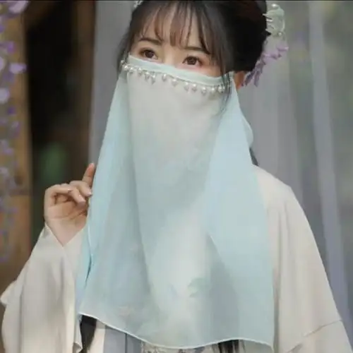 屿汐亚麻围巾夏季古风雪纺面纱汉服遮面蒙面防晒仙女古装纱巾刺绣面帘