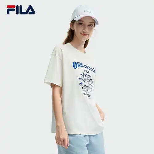 fila 斐乐官方女子针织短袖衫2024夏新款时尚宽松纯棉猫咪刺绣t恤_领